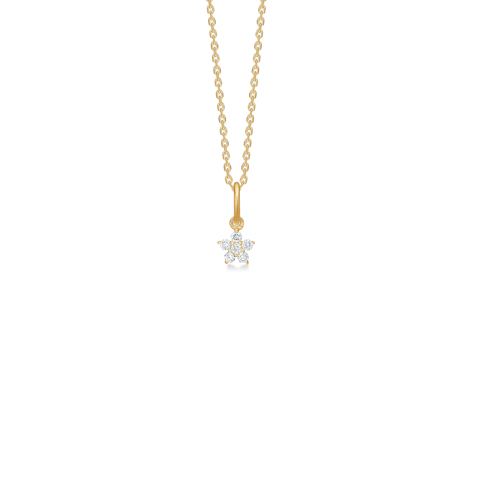 Gouden ketting met bloemhanger en kleine heldere stenen, vooraanzicht