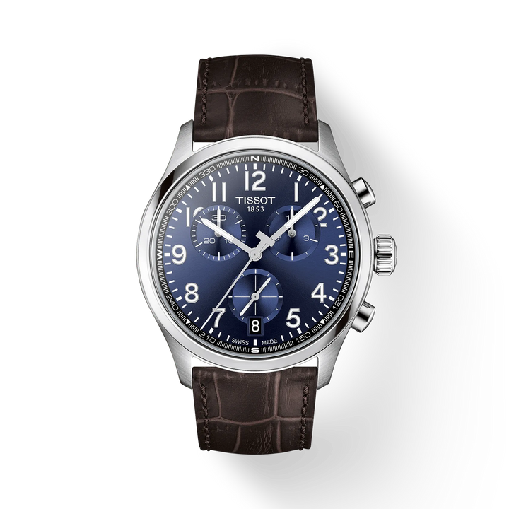 Tissot T116.417.16.042.00 herreur med blå urskive, kronograf og brun læderrem. Model T116-417-16-042-00