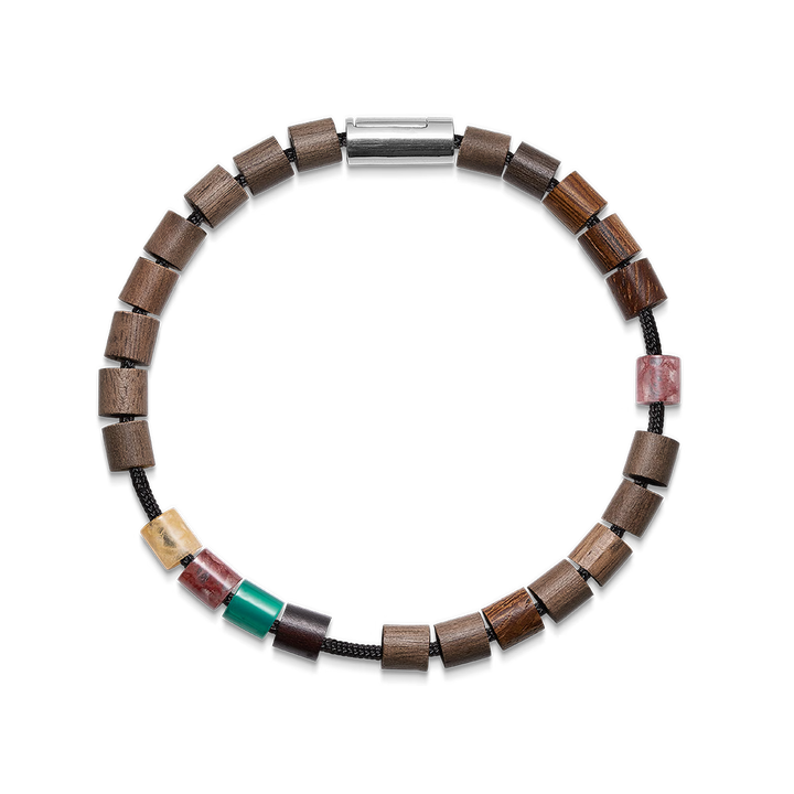 Viclara armbånd med brune træperler, farvede accentperler og sølvfarvet lukning. Model 12345