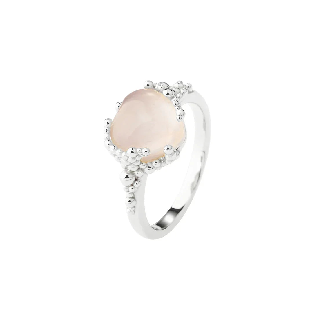 Zilveren ring met roze steen en organische baldetails, vooraanzicht