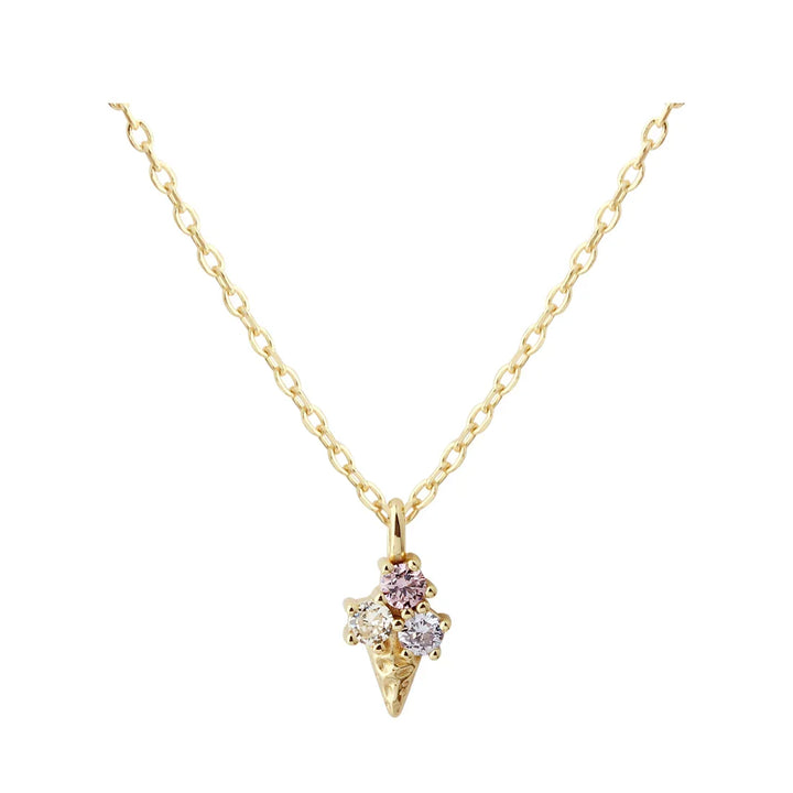Gouden ketting met hanger in de vorm van een ijshoorntje, versierd met gekleurde stenen, vooraanzicht