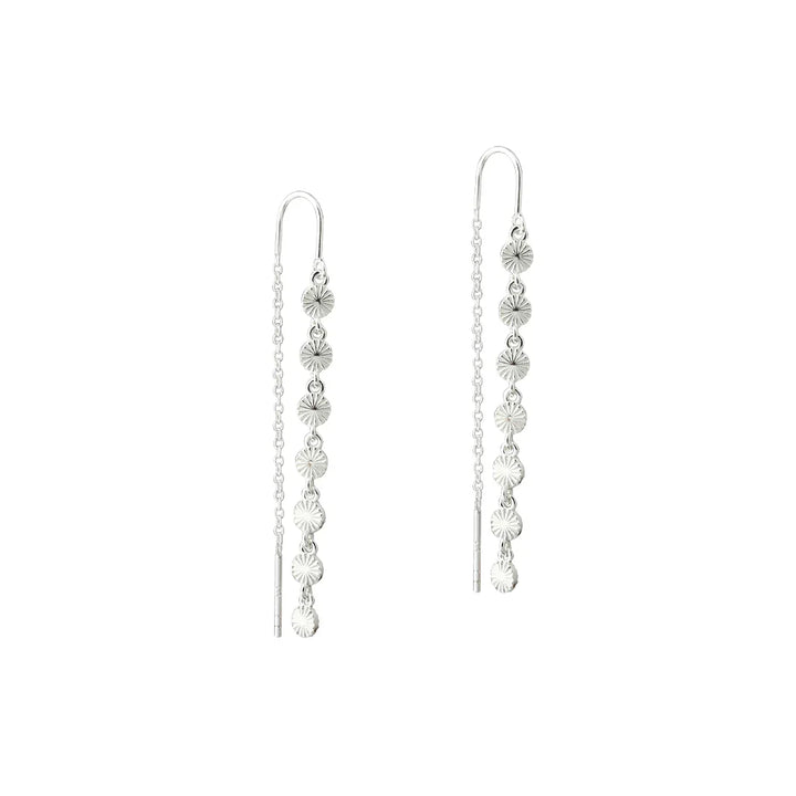 Zilveren oorbellen met ketting en schijfhanger, voorkant, elegant en stijlvol design