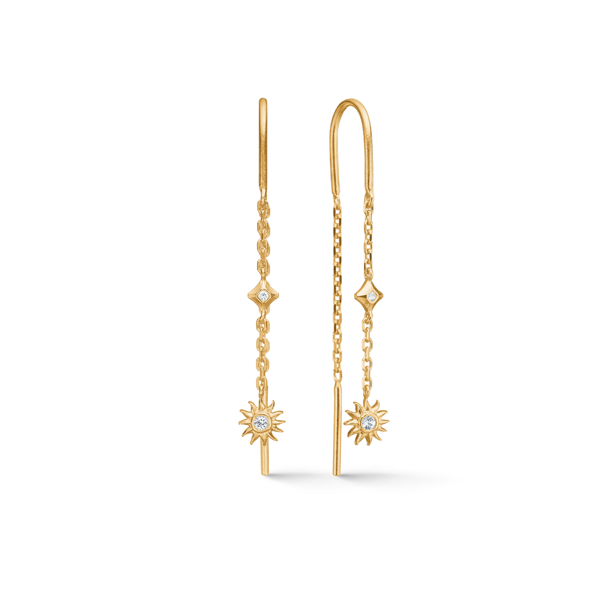 Sunshine Daydream Earrings, elegante guldøreringe med kæde, små klare sten og solformet vedhæng. Model 7207960