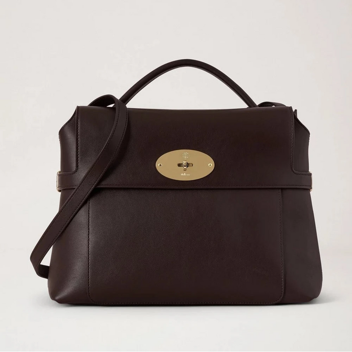 Mulberry taske i mørkebrun læder med guldfarvet lås og bærehånd. Model 11354001