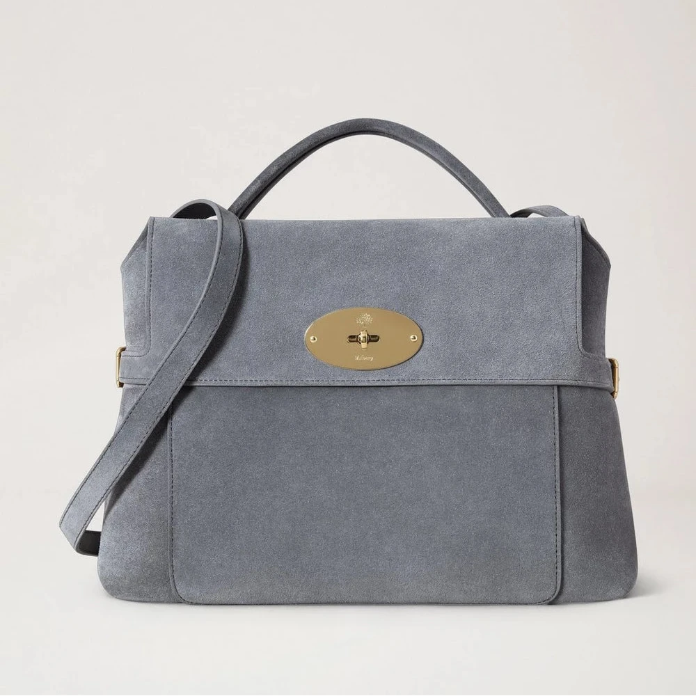 Mulberry handbag i gråt ruskind med guldspænde og skulderrem. Model 514100