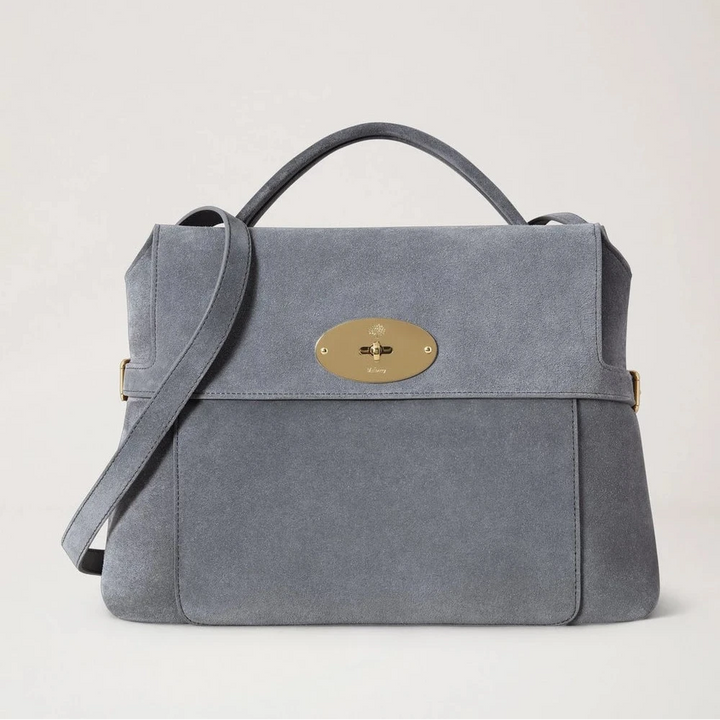 Mulberry handbag i gråt ruskind med guldspænde og skulderrem. Model 514100