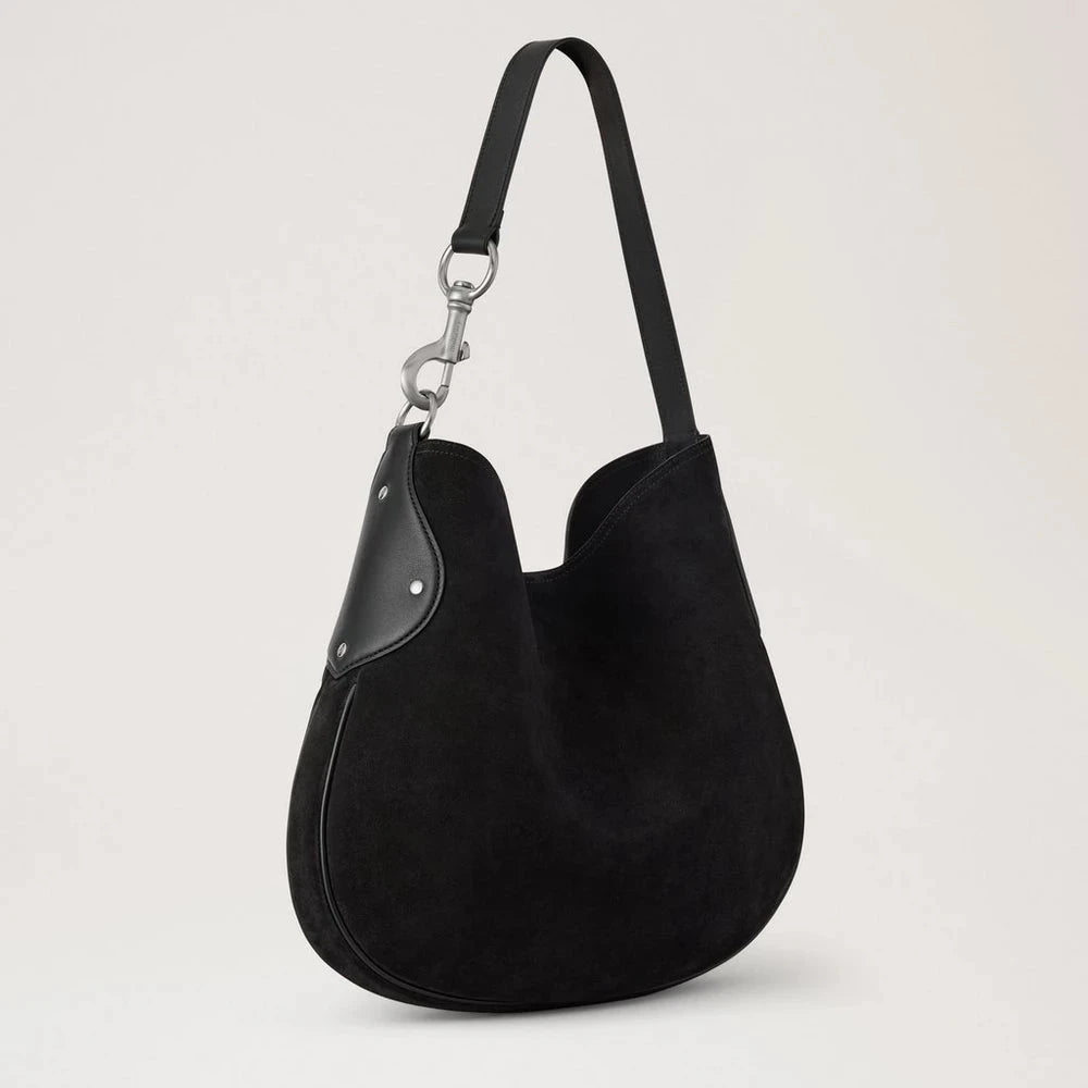 Mulberry Days Tote i sort ruskind med læderdetaljer og sølvfarvet metalspænde. Model 123456789