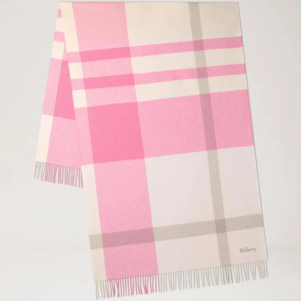 Mulberry Large Check Merino Wool Scarf Blossom Pink & Geranium Pink