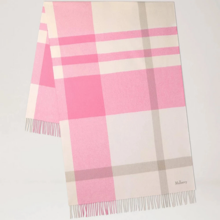 Mulberry Large Check Merino Wool Scarf Blossom Pink & Geranium Pink