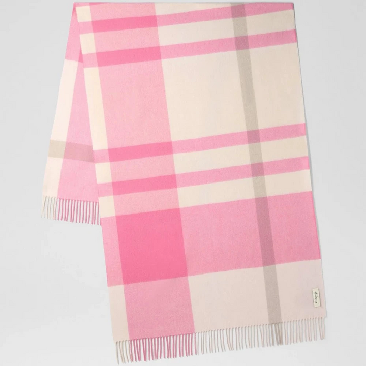 Mulberry Large Check Merino Wool Scarf Blossom Pink & Geranium Pink