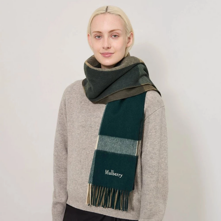 Mulberry Large Check Merino Wool Scarf Mulberry Green & Juniper Green