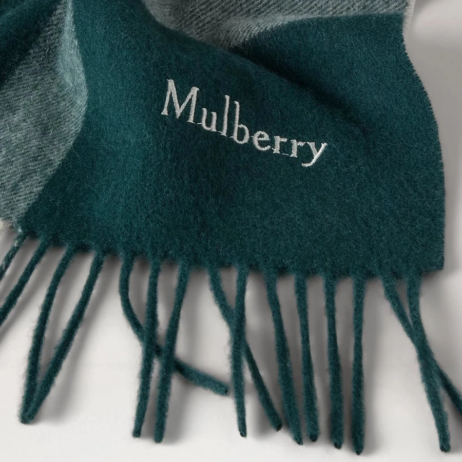 Mulberry Large Check Merino Wool Scarf Mulberry Green & Juniper Green