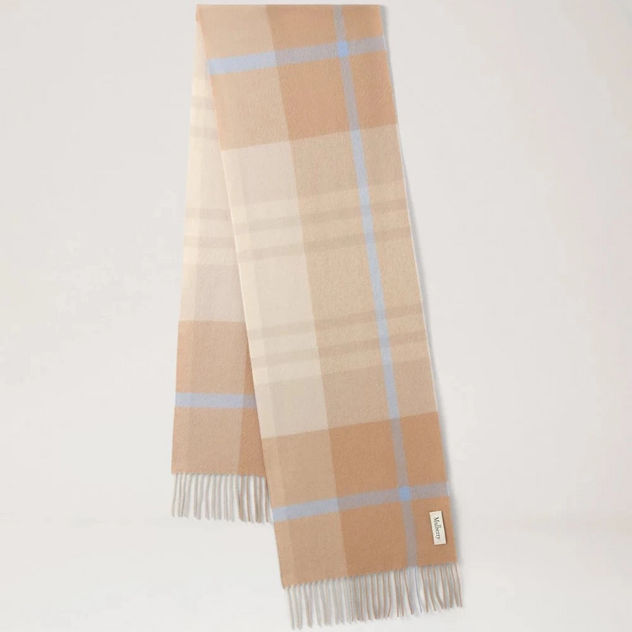 Mulberry Small Check Merino Wool Scarf Camel & Poplin Blue