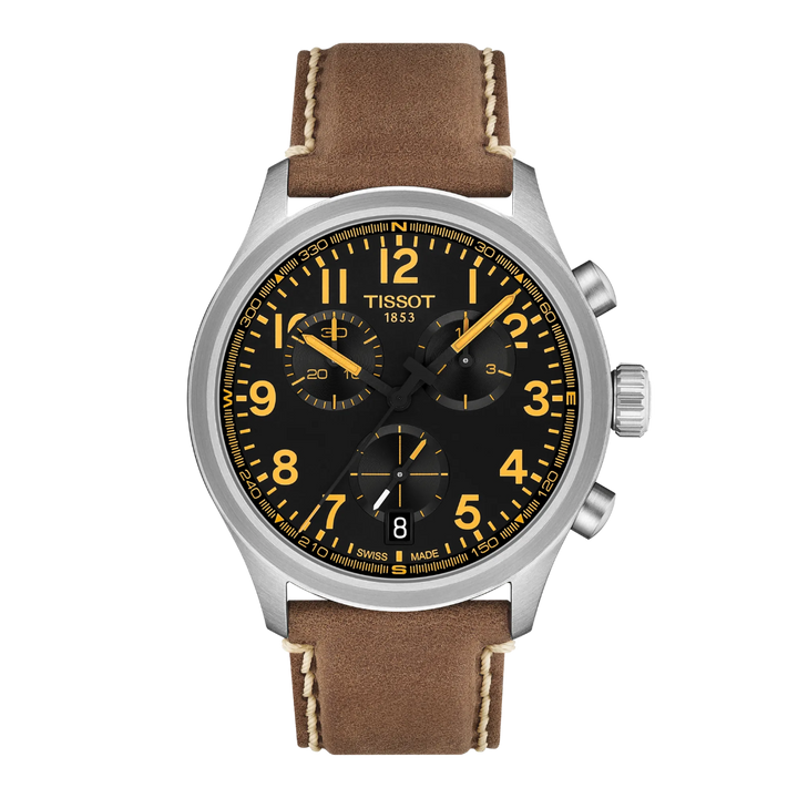Tissot T116.417.16.052.01 herreur med sort urskive, gule detaljer og brun læderrem. Model T1164171605201.