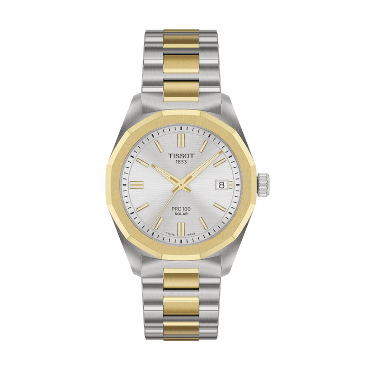 Tissot PRC 100 Solar armbåndsur i sølv og guld med stållænke, hvid urskive og datovisning. Model T1518222203100