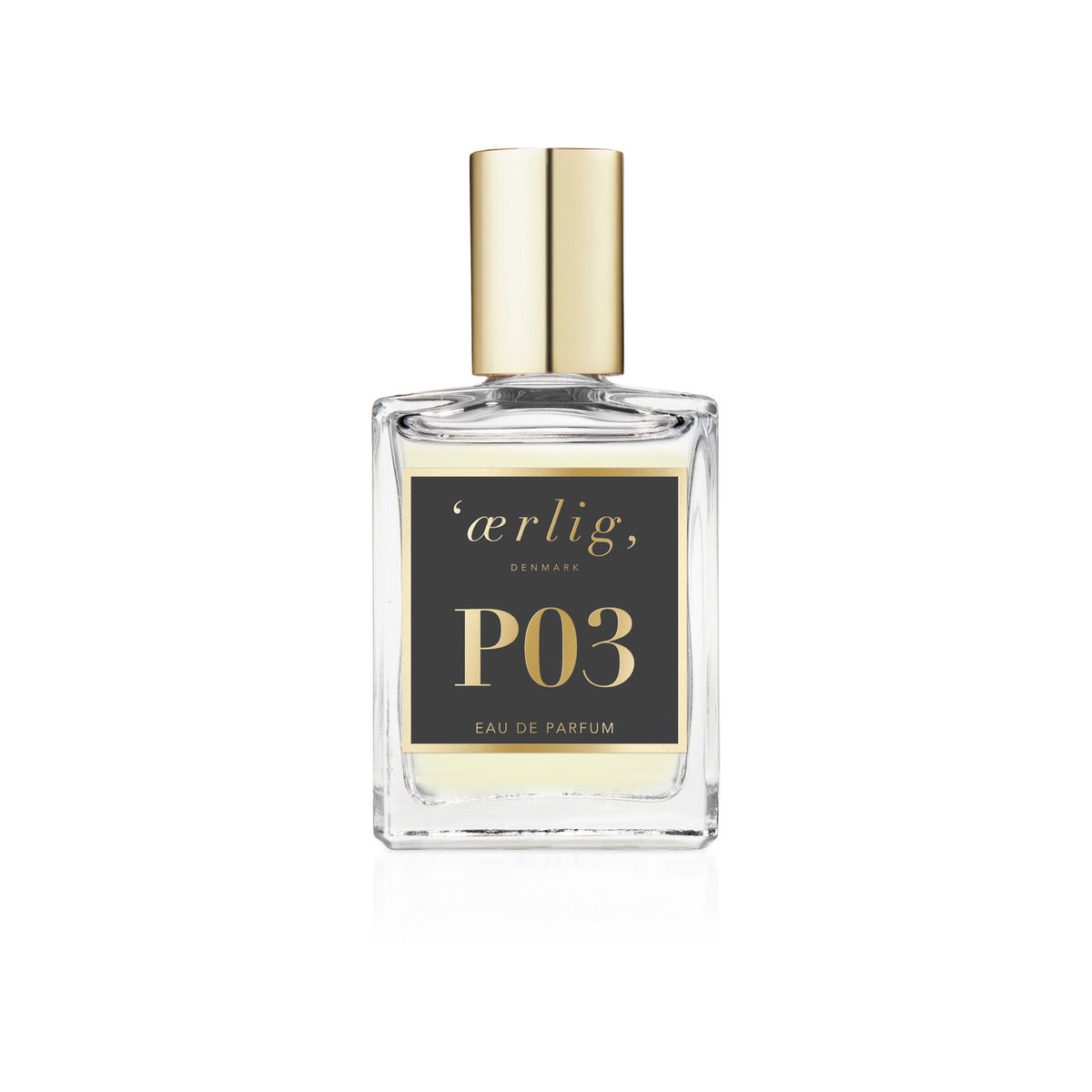 ærlig eau de parfum P03 15ml, helder vierkant flesje met gouden deksel, model P03-15ml-p3-t-1