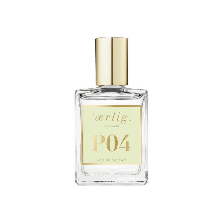 ærlig eau de parfum P04-15ml toont een vierkant parfumflesje met gouden deksel, Model P04-15ml