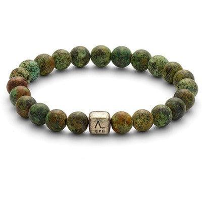 Alexander Lynggaard Armband Amazon 8 mm met groene stenen bolletjes en zilveren detail, Model c00680-001-1.