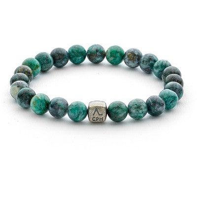 Alexander Lynggaard Armband Dioptase 8mm met groene stenen en zilverkleurige parel, Model c01040-001-1.