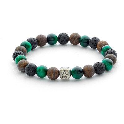 Alexander Lynggaard Armband Helsinki 8 mm met groene, bruine en zwarte parels en zilveren detail, Model c10470-001-1.