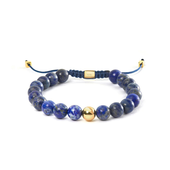 Alexander Lynggaard Armband Lapis Gevlochten 8mm met blauwe steen kralen, goudkleurig detail en verstelbaar koord. ModelB00163-2.