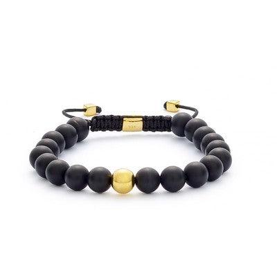 alexander-lynggaard-armband-onyx-mat-gevlochten-8mm-b00083-001 elegante zwarte armband met matte onyx kralen, gouden details en verstelbare vlecht, Model B00083-001