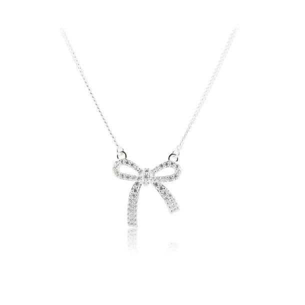 Aqua Dulce Elegant Bow Necklace Silver, eenvoudige ketting met fonkelende strikhanger in zilver. Model 5816-1