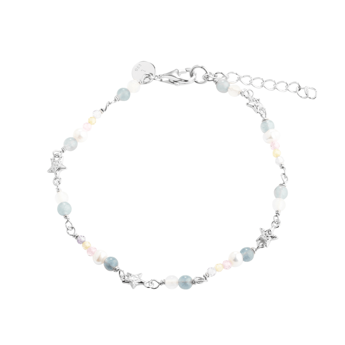 Aqua Dulce Stella Armband in zilver toont een prachtige armband met heldere parels en kleine sterren, Model 6169-1.