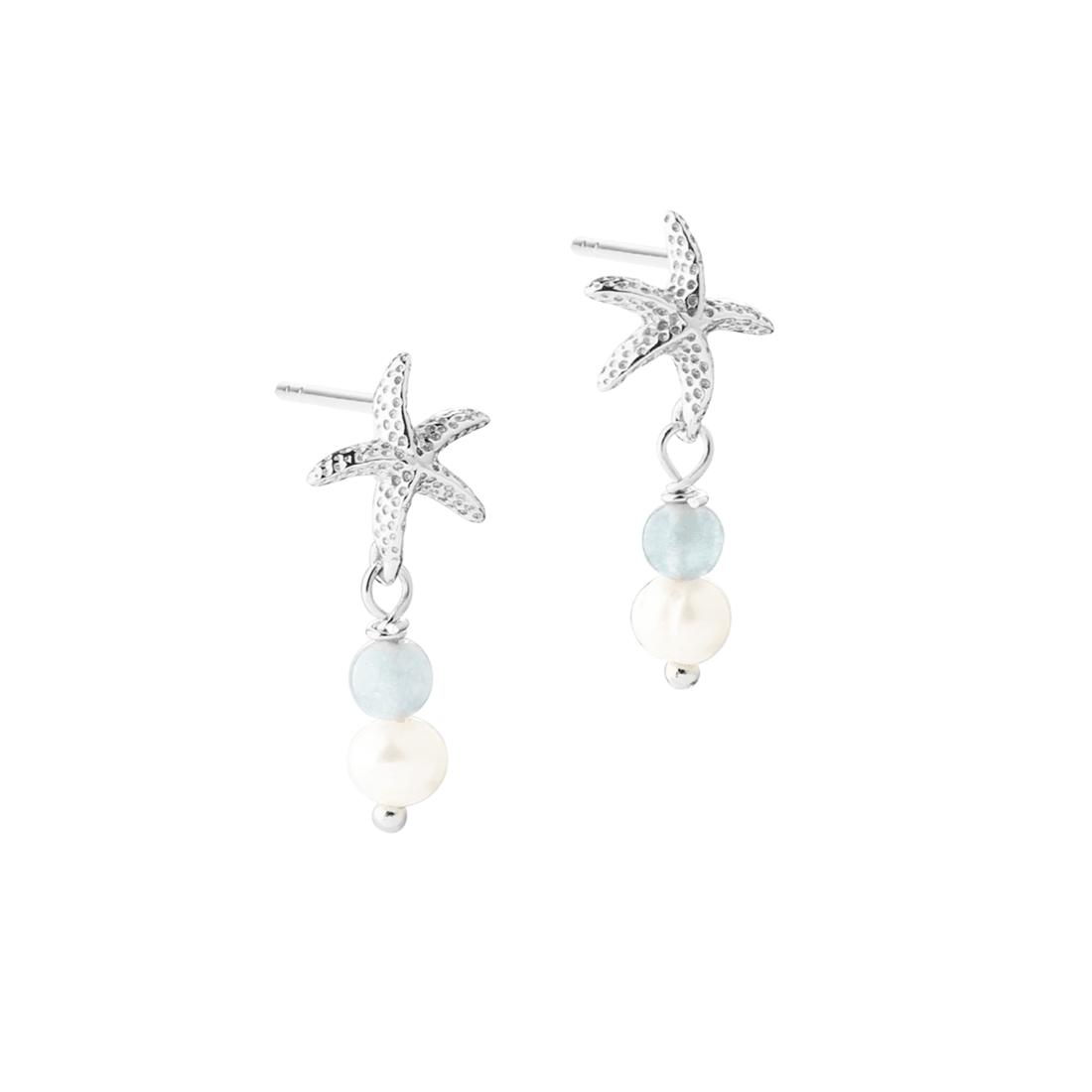Aqua Dulce Stella Blue oorbellen in zilver met zeester, blauwe steen en parel. Model 6161-1.