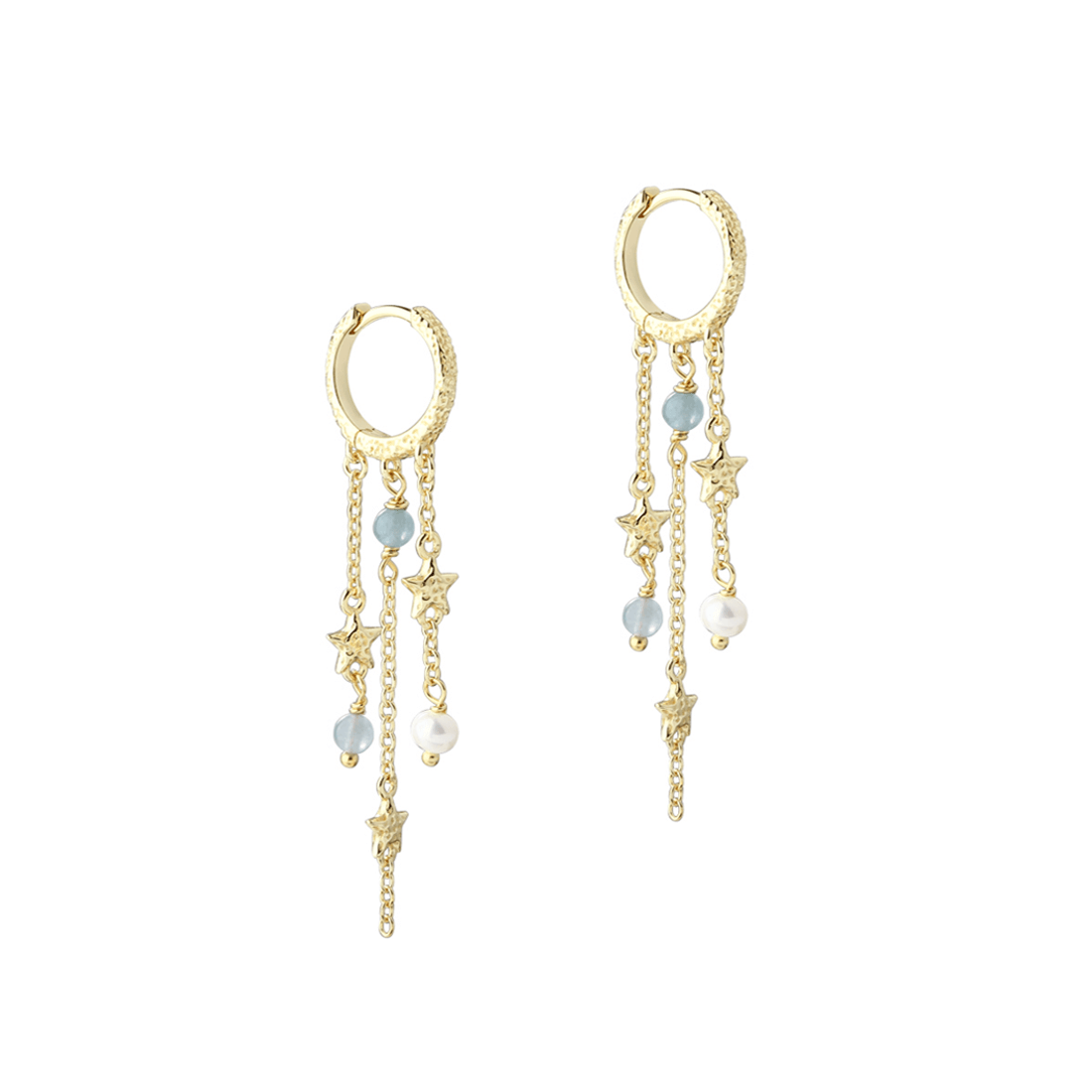 Aqua Dulce Stella Hoop Earrings met verguld zilver, blauwe parels en sterren. Model6168-1