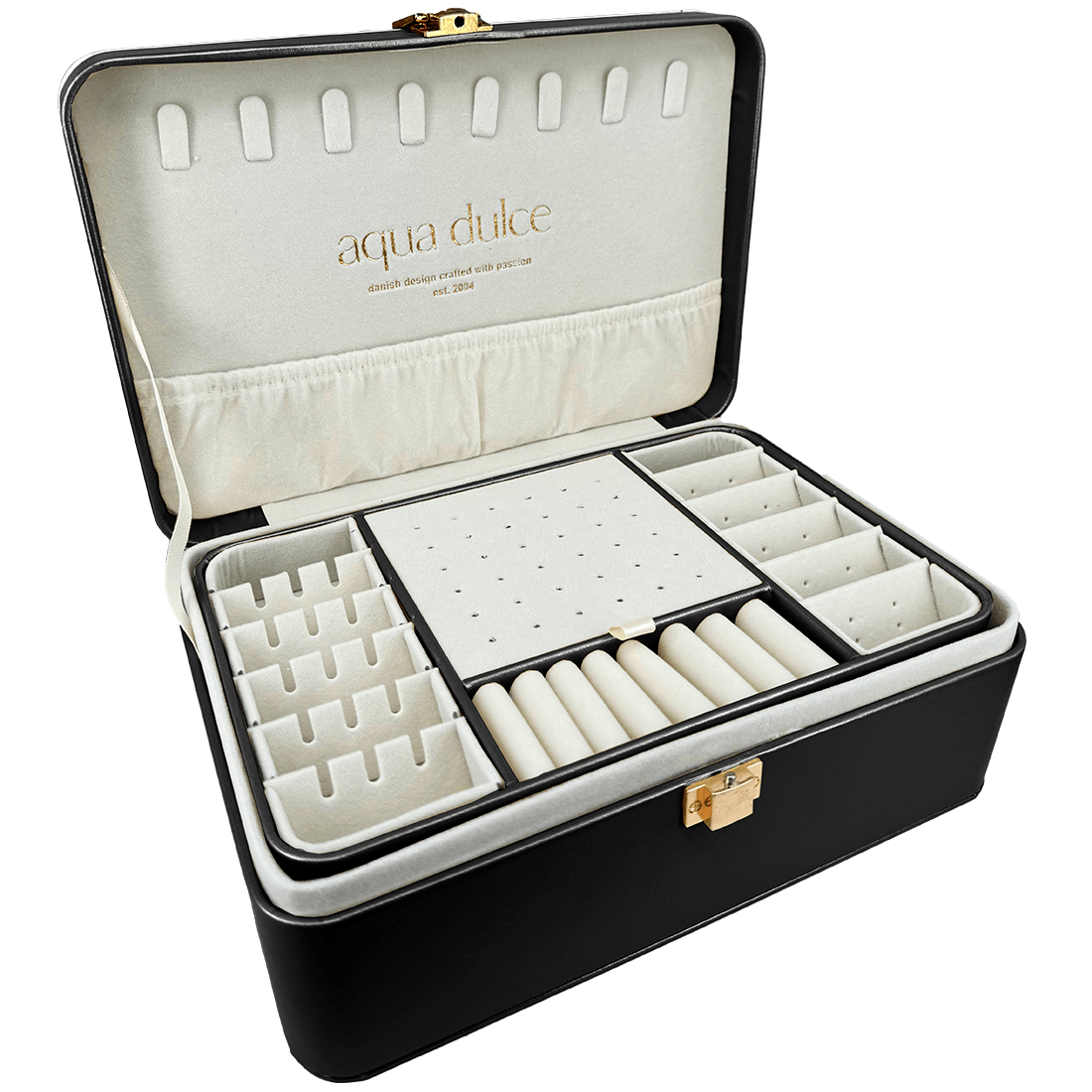 Aqua Dulce grote sieradendoos in zwart kunstleer met open deksel, diverse vakken en beige binnenkant. Model 6070-1