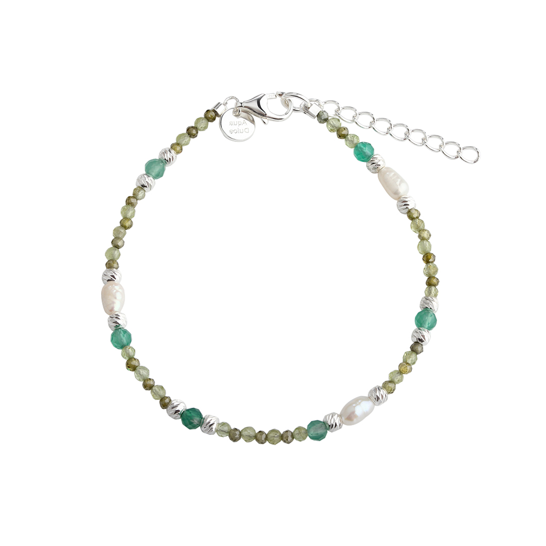 Aqua Dulce Verde Eenvoudige armband in zilver met groene en witte parels, verstelbare ketting. Model 6704-1