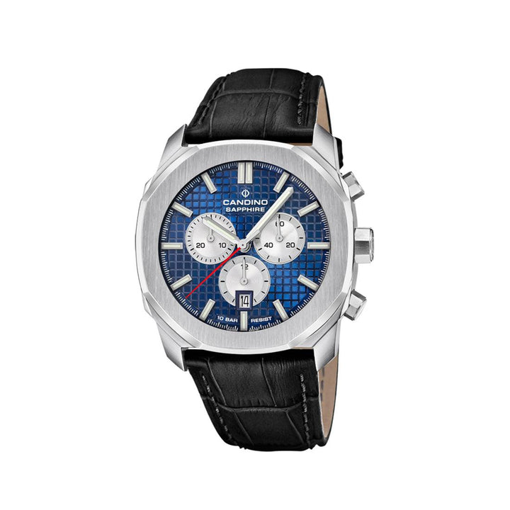 Candino herenhorloge Gents Sport Chronograph met blauwe wijzerplaat, zilveren details en zwart lederen band. ModelC47471.