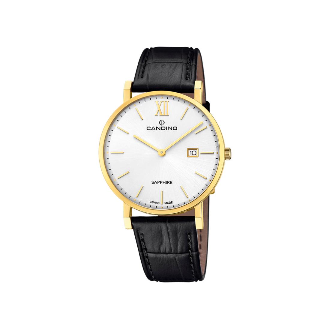 Candino Herenhorloge Gold Double C4726/1 met witte wijzerplaat, goudkleurige kast en zwart leren band. ModelC4726/1