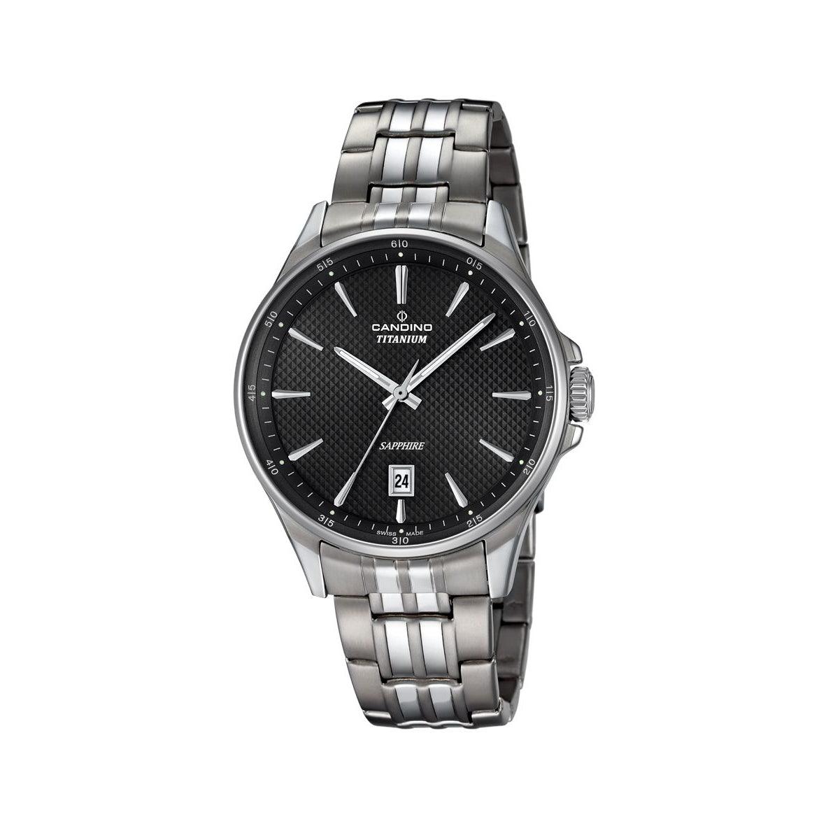 Candino herenhorloge titanium C46064, klassiek horloge met zwarte wijzerplaat en datum, model C46064-1