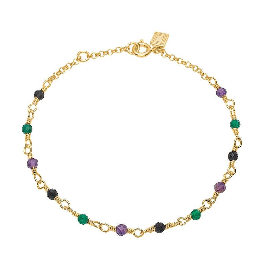 Carré armband met mix stenen in groen, paars en zwart aan fijne gouden ketting, Model FB4456GRAMBA-1