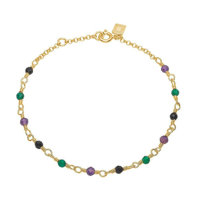 Carré armband met mix stenen in groen, paars en zwart aan fijne gouden ketting, Model FB4456GRAMBA-1