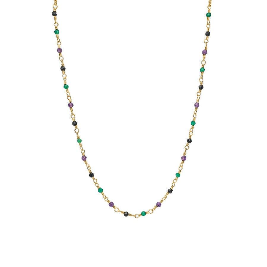 Carre ketting met mix stenen in groen, paars en zwart aan een gouden ketting. Model fc4456gramba-1
