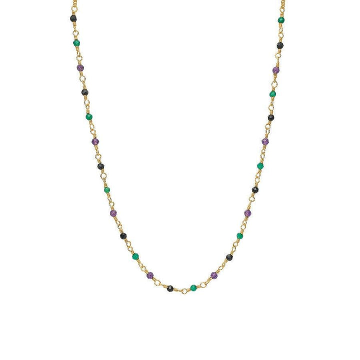 Carre ketting met mix stenen in groen, paars en zwart aan een gouden ketting. Model fc4456gramba-1