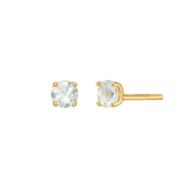 Carré studs met prasioliet weergegeven als kleine ronde studs in goud met lichtgroene steen. ModelFS4447PRS-1