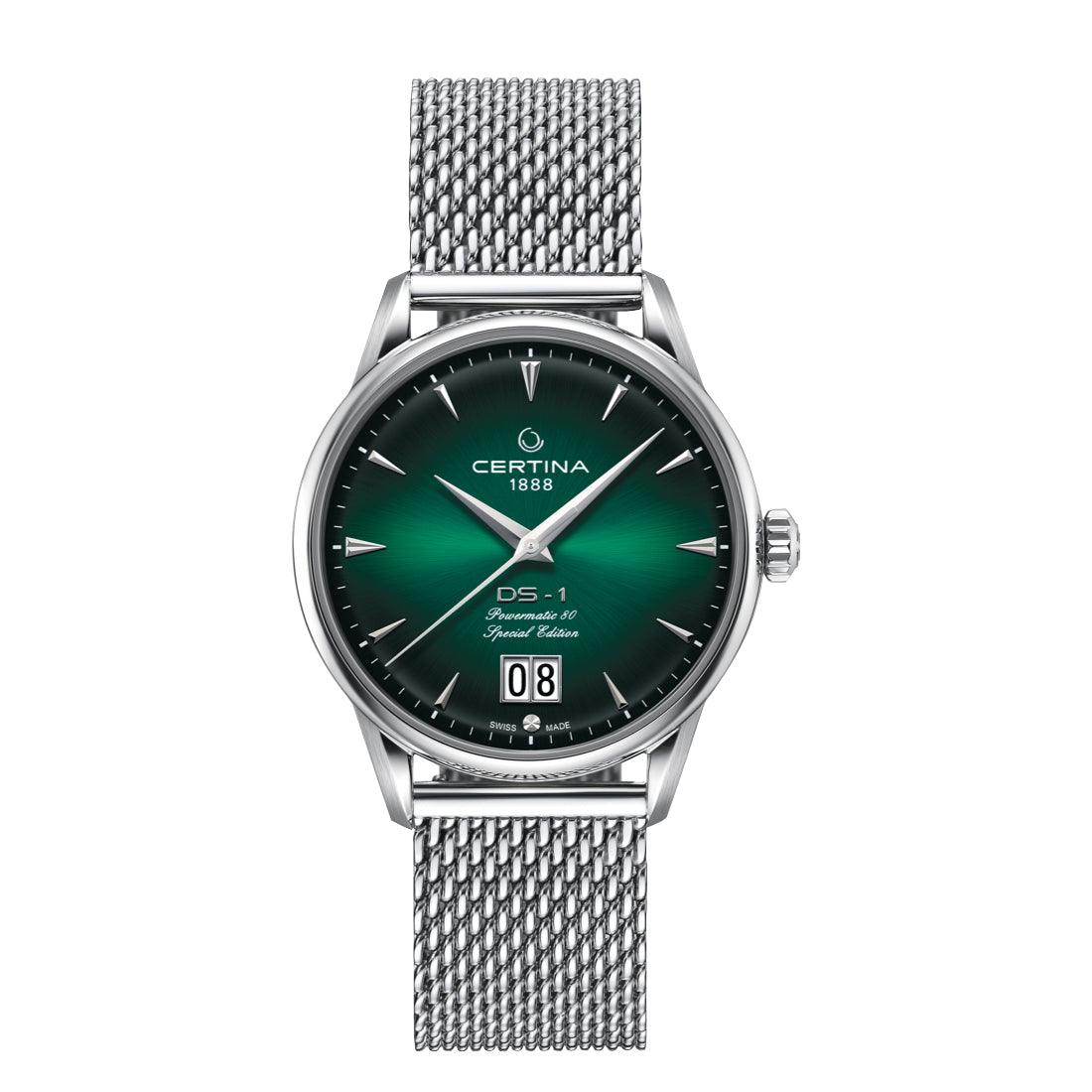 Certina DS-1 Big Date groene wijzerplaat met zilveren mesh-band, klassiek herenhorloge. ModelC0294261109160