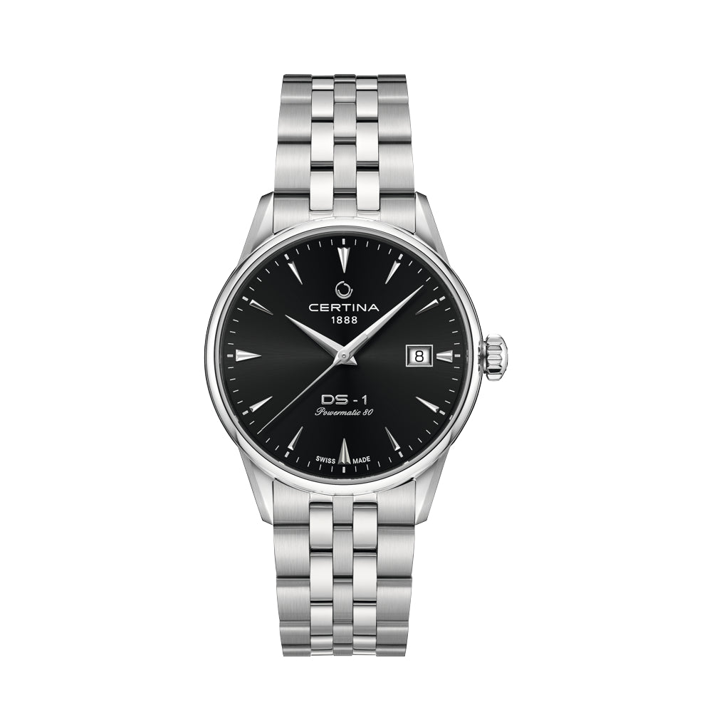Certina DS-1 zwarte wijzerplaat met datum en stalen ketting, elegant herenhorloge, model C0292071105100