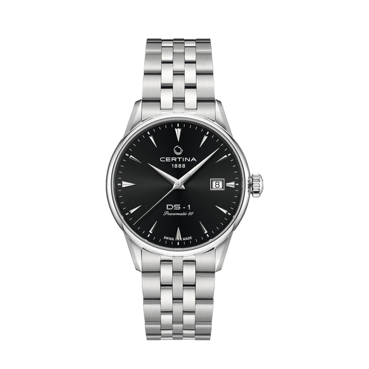 Certina DS-1 zwarte wijzerplaat met datum en stalen ketting, elegant herenhorloge, model C0292071105100