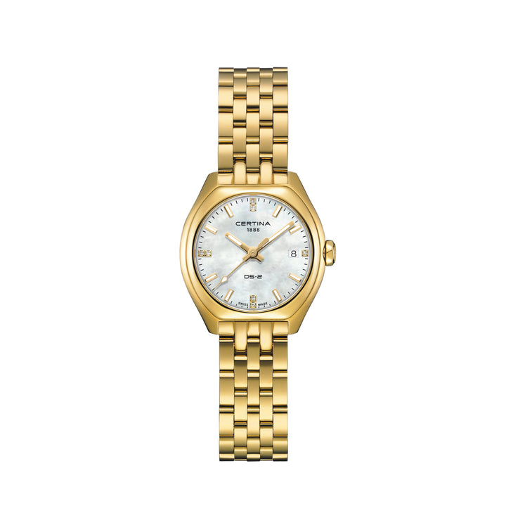 Certina DS-2 Lady Quartz goud PVD dameshorloge met witte parelmoeren wijzerplaat en datumaanduiding. ModelC0492103311600