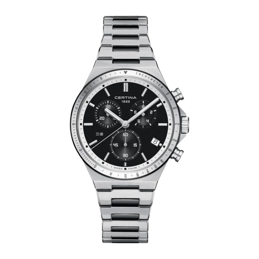 Certina DS-7 Chronograaf zwarte wijzerplaat met zilverkleurige ketting en duidelijke chronografen. ModelC0434172205100
