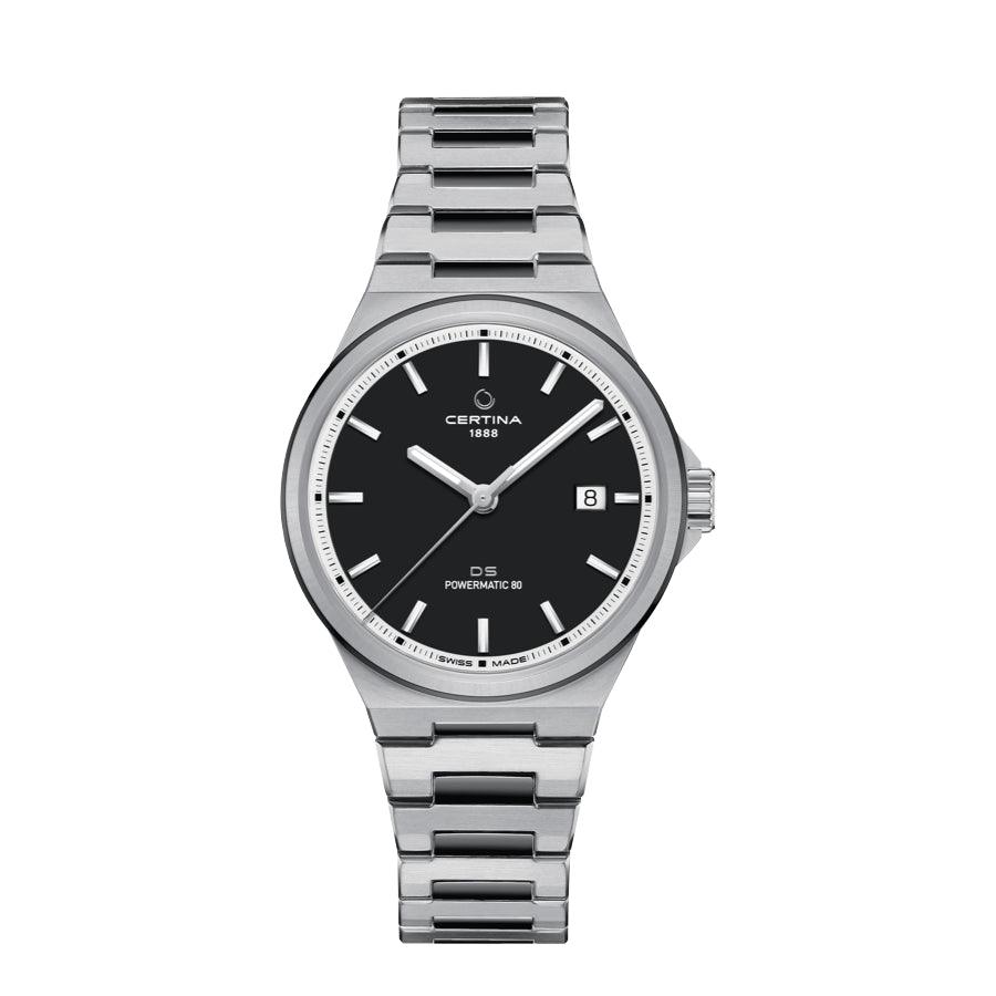 Certina DS-7 Powermatic 80 antraciet PVD coating 39mm herenhorloge met zwarte wijzerplaat en stalen ketting. ModelC0434072206100