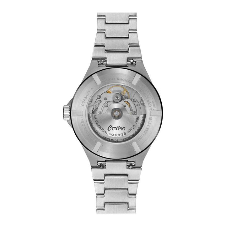 Certina DS-7 Powermatic 80 antraciet PVD-horloge afgebeeld vanaf de achterkant met open achterkant, model C0434072206100