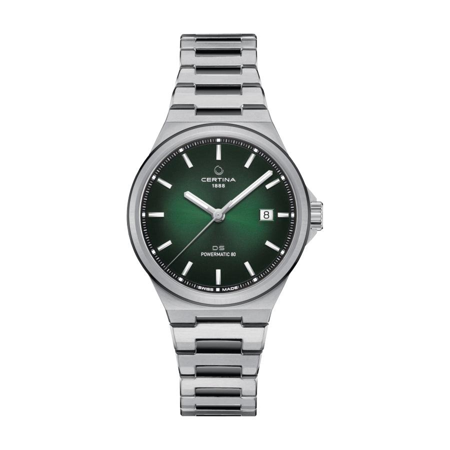 Certina DS-7 Powermatic 80 groene PVD-coating 39 mm toont een klassiek polshorloge met groene wijzerplaat en stalen ketting. ModelC0434072209100