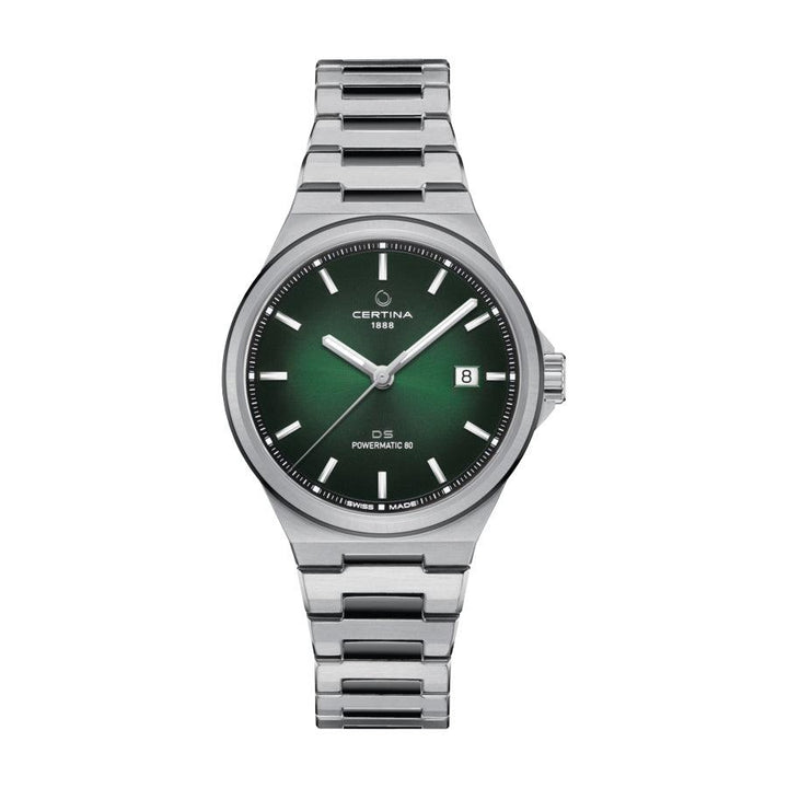 Certina DS-7 Powermatic 80 groene PVD-coating 39 mm toont een klassiek polshorloge met groene wijzerplaat en stalen ketting. ModelC0434072209100