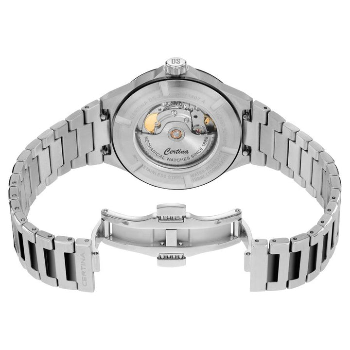 Certina DS 7 Powermatic 80 groene PVD-coating 39 mm vanaf de achterkant getoond met open schakel en zichtbaar automatisch uurwerk.